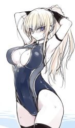 Rule 34 | 1girl, breasts, competition swimsuit, front zipper swimsuit, hanna-justina marseille, huge breasts, lowres, meme attire, null (nyanpyoun), one-piece swimsuit, ponytail, solo, strike witches, swimsuit, witches of africa, world witches series