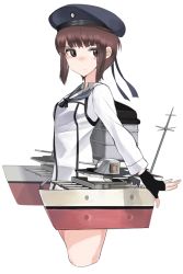 Rule 34 | 10s, 1girl, adapted costume, alternate color, bad id, bad twitter id, black gloves, brown eyes, brown hair, clothes writing, cropped legs, fingerless gloves, fujibejifu, gloves, hat, kantai collection, long sleeves, machinery, neckerchief, sailor collar, sailor hat, short hair, sidelocks, simple background, solo, turret, white background, z3 max schultz (kancolle)