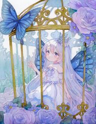 Rule 34 | 1girl, birdcage, blue bow, blue butterfly, blue ribbon, bow, bug, butterfly, butterfly wings, cage, crown, detached sleeves, double-parted bangs, dress, dress bow, dress flower, feet out of frame, flower, hair between eyes, in cage, insect, insect wings, layered dress, leaf, long hair, looking at animal, looking up, multicolored eyes, original, painting (medium), pink eyes, plant, puckered lips, purple eyes, purple flower, purple rose, ribbon, rose, short sleeves, sleeveless, sleeveless dress, solo, tilted headwear, traditional media, vines, waist ribbon, watercolor (medium), white background, white dress, white hair, wings, yachi waki