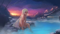 Rule 34 | 1girl, between legs, blonde hair, breasts, breath, bush, cloud, cloudy sky, eyelashes, gradient sky, hair between eyes, hand between legs, highres, long hair, looking at viewer, nipples, nude, open mouth, outdoors, paintrfiend, red eyes, river, rock, sitting, sky, small breasts, snowing, soaking feet, solo, sunset, very long hair, water, waterfall, wet