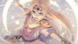 Rule 34 | 1girl, aliasing, bead necklace, beads, blonde hair, blue eyes, bracer, circlet, dress, earrings, forehead jewel, gown, hair ornament, highres, jewelry, long hair, looking at viewer, magic, misaki nonaka, necklace, nintendo, pointy ears, princess zelda, solo, super smash bros., the legend of zelda, the legend of zelda: a link between worlds, tiara, triforce, tunic