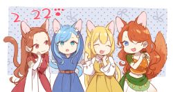 Rule 34 | 4girls, :3, ;3, ;d, ^ ^, animal ears, arms up, artist request, belt, blonde hair, blue dress, blue eyes, blue hair, braid, breasts, bridal gauntlets, brown hair, cat, cat day, cat ears, cat girl, cat tail, character request, cloak, closed eyes, coin (ornament), cowboy shot, dated, dress, hair ornament, hairclip, hand up, hands up, heart, heart hands, hood, hooded cloak, kemonomimi mode, lineup, long hair, long sleeves, looking at another, looking at viewer, looking to the side, mahou sekai no uketsukejou ni naritai desu, midriff, multiple girls, nunnally hell, one eye closed, open mouth, orange hair, pinafore dress, polka dot, polka dot background, red dress, red eyes, short sleeves, side-by-side, side braid, sidelocks, skirt, sleeveless dress, smile, surprised, tail, very long hair, wide sleeves, yellow dress