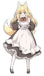 Rule 34 | 1girl, animal ears, apron, aqua eyes, black dress, black footwear, blonde hair, bow, bowtie, commentary request, dress, fox ears, fox girl, fox tail, full body, fuwafuwa-chan (kamiyoshi rika), hands on own hips, highres, kamiyoshi rika, light blush, long hair, long sleeves, looking at viewer, maid apron, multicolored hair, original, pantyhose, red bow, red bowtie, simple background, smile, solo, streaked hair, tail, white apron, white background, white hair, white pantyhose