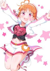 Rule 34 | 1girl, :d, ahoge, arms up, braid, clothes writing, collarbone, cropped jacket, earrings, facial mark, fur trim, hair ornament, hairband, heart, heart ahoge, jewelry, jumping, kitahara tomoe (kitahara koubou), love live!, love live! sunshine!!, midriff, miracle wave, navel, open mouth, orange hair, pleated skirt, red eyes, shirt, short hair, side braid, skirt, smile, solo, star (symbol), star earrings, star hair ornament, starry background, takami chika, tied shirt, twitter username