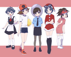 5boys :d :o apron arms_behind_back ball baseball_cap black-framed_eyewear black_dress black_footwear black_hair black_necktie black_skirt blue_shirt blush boots brown_eyes brown_hair calem_(pokemon) closed_mouth collared_shirt commentary_request creatures_(company) crossdressing crossed_arms dress elio_(pokemon) eyewear_on_headwear florian_(pokemon) full_body fur-trimmed_dress fur_trim game_freak glasses grey_eyes gym_shirt gym_shorts gym_uniform hand_on_own_chest hat highres hilbert_(pokemon) holding holding_ball kneehighs long_sleeves looking_at_viewer maid maid_headdress male_focus multiple_boys nate_(pokemon) necktie nintendo open_mouth over-kneehighs pantyhose pencil_skirt poke_ball_print pokemon pokemon_bw pokemon_bw2 pokemon_sv pokemon_usum pokemon_xy red_footwear red_hat sana_(37pisana) santa_dress santa_hat shirt shoes short_hair short_sleeves shorts skirt smile socks sunglasses sweatdrop thighhighs trap visor_cap white_apron white_footwear white_shirt white_socks