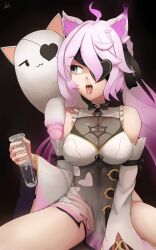 Rule 34 | absurdres, breasts, clothed female nude male, colored penis, cum, cum in mouth, cumdrip, eyepatch, heart, heart eyepatch, highres, indie virtual youtuber, large breasts, nude, nyatasha nyanners, ozornayashoujo, pink hair, tube