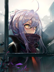 Rule 34 | 1girl, ahoge, alternate hair color, artoria pendragon (all), artoria pendragon (fate), black-framed eyewear, black scarf, blush, coat, covered mouth, fate/grand order, fate (series), glasses, hair between eyes, highres, looking at viewer, mysterious heroine x alter (fate), mysterious heroine x alter (first ascension) (fate), rabbit (tukenitian), saber (fate), scarf, sidelocks, silver hair, solo, upper body, window, yellow eyes