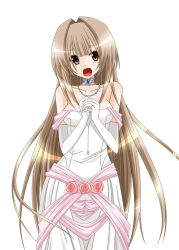Rule 34 | 00s, 1girl, :d, belt, blush, brown eyes, brown hair, chall, collarbone, dress, elbow gloves, gloves, hair intakes, jewelry, music, necklace, open mouth, own hands together, seto no hanayome, seto sun, simple background, singing, smile, solo, standing, white background, white dress, white gloves