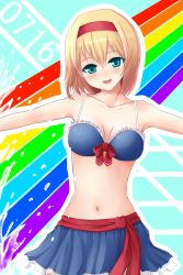 Rule 34 | 1girl, alice margatroid, alternate costume, aqua eyes, bad id, bad pixiv id, blonde hair, blush, breasts, cleavage, collarbone, female focus, hairband, highres, medium breasts, navel, open mouth, outstretched arms, rainbow, short hair, solo, tama go, touhou