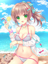 Rule 34 | 1girl, :d, animal, bare shoulders, bendy straw, bikini, blue sky, blush, bow, bow bikini, breasts, brown hair, cat, cleavage, cloud, cloudy sky, collarbone, commentary request, cup, day, drink, drinking glass, drinking straw, fang, green bow, green eyes, hair between eyes, hair bow, hair ornament, hairclip, highres, holding, holding cup, holding drinking glass, hood, hood down, hooded jacket, horizon, ice, ice cube, jacket, jewelry, kohinata hoshimi, long hair, medium breasts, necklace, ocean, off shoulder, open mouth, original, outdoors, pink bow, ponytail, side-tie bikini bottom, sky, smile, solo, star (symbol), striped bikini, striped bow, striped clothes, swimsuit, vertical-striped bikini, vertical-striped clothes, water, white jacket, x hair ornament