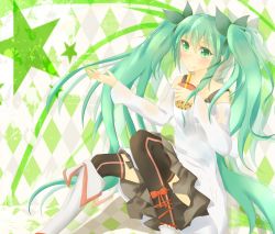 Rule 34 | 1girl, against wall, argyle, argyle background, argyle clothes, bad id, bad pixiv id, bare shoulders, black thighhighs, blush, boots, bow, bubble tea, checkered background, detached sleeves, drink, drinking straw, green eyes, green hair, hair bow, hatsune miku, knee boots, long hair, matching hair/eyes, sitting, skirt, solo, star (symbol), su roron, thighhighs, twintails, very long hair, vocaloid