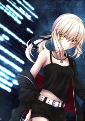Rule 34 | 1girl, artoria pendragon (all), artoria pendragon (fate), belt, black jacket, black ribbon, black shirt, black shorts, breasts, cleavage, collarbone, cowboy shot, fate/grand order, fate (series), hair ribbon, jacket, jewelry, long hair, looking at viewer, necklace, official alternate costume, open clothes, open jacket, ponytail, ribbon, saber (fate), saber alter, saber alter (ver. shinjuku 1999) (fate), shinobu1132, shirt, short shorts, shorts, silver hair, sleeveless, sleeveless shirt, small breasts, solo, standing, yellow eyes
