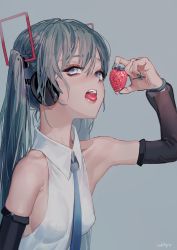 Rule 34 | 1girl, absurdres, aqua eyes, aqua hair, artist name, bare shoulders, blue necktie, breasts, collared shirt, commentary, detached sleeves, eyeshadow, food, fruit, hair between eyes, hatsune miku, hatsune miku (vocaloid4), headphones, highres, makeup, nail polish, necktie, oohhya, open mouth, shirt, sideboob, signature, simple background, small breasts, solo, strawberry, tongue, tongue out, twintails, upper body, v4x, vocaloid