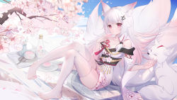 Rule 34 | 1girl, absurdres, animal, animal ear fluff, animal ears, bare shoulders, blush, breasts, cherry blossoms, cleavage, commentary request, copyright request, cup, drinking glass, feet, floral print, fox, fox ears, fox girl, fox tail, full body, hair ornament, hairpin, hand up, highres, holding, holding cup, huge filesize, japanese clothes, kimono, looking at viewer, medium breasts, multiple tails, no shoes, off shoulder, plate, red eyes, sitting, solo, somna, tail, thighhighs, virtual youtuber, white hair, white kimono, white thighhighs, x hair ornament
