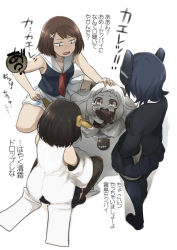 Rule 34 | 10s, 4girls, abyssal ship, ahoge, aircraft, airplane, black hair, brown eyes, brown hair, bullying, colored skin, comic, crying, crying with eyes open, detached sleeves, dress, hair ornament, hairband, hairclip, hand on own hip, headgear, horns, kantai collection, kirishima (kancolle), long hair, maya (kancolle), mittens, multiple girls, nontraditional miko, northern ocean princess, hugging object, omuraisu echizen, pee, peeing, pleated skirt, scared, school uniform, serafuku, skirt, tears, tenryuu (kancolle), thighhighs, translation request, trembling, wet spot, white dress, white hair, white skin