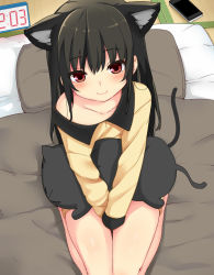 Rule 34 | 1girl, alarm clock, animal ears, bare legs, between thighs, black cat, black hair, brown eyes, cat, cat ears, cat tail, clock, collarbone, from above, futon, long hair, looking at viewer, nuko (mikupantu), off shoulder, original, pajamas, pillow, red eyes, revision, seiza, sitting, smile, solo, tail, v arms