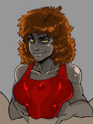 Rule 34 | 1girl, andava, breasts, breasts squeezed together, bulge, claudia emma cross, collarbone, colorized, covered erect nipples, eyebrows, freckles, hetero, highres, large breasts, licking lips, muscular, muscular female, naughty face, orange eyes, orange hair, original, paizuri, paizuri under clothes, penis under another&#039;s clothes, raised eyebrow, short hair, solo focus, tank top, thick eyebrows, tongue, tongue out