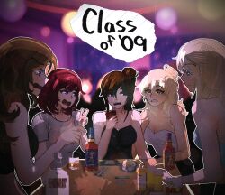 5girls alcohol alternate_costume aqua_dress aqua_eyes ari_(class_of_09) bare_shoulders black_dress black_hair blonde_hair blue_eyes bottle breasts brown_hair class_of_09 cleavage clenched_teeth copyright_name dress emily_(class_of_09) hair_bun highres holding holding_phone jecka_(class_of_09) jewelry long_hair medicine_bottle medium_hair megan_(class_of_09) multiple_girls necklace nicole_(class_of_09) phone phrogpole ponytail purple_eyes raised_eyebrow red_hair shirt single_hair_bun sitting teeth upper_teeth_only v white_dress white_shirt yellow_eyes