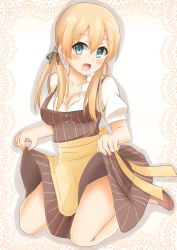 Rule 34 | 10s, 1girl, :d, absurdres, alternate costume, anchor hair ornament, bad id, bad pixiv id, blonde hair, blue eyes, blush, breasts, cleavage, clothes lift, collarbone, dirndl, dress, dress lift, german clothes, hair ornament, hair ribbon, highres, kantai collection, kapataro, kapatarou, long hair, open mouth, prinz eugen (kancolle), ribbon, sitting, smile, solo, twintails