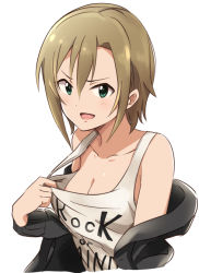 Rule 34 | &gt;:d, 10s, 1girl, :d, bad id, bad pixiv id, breasts, brown hair, cleavage, clothes pull, clothes writing, english text, green eyes, idolmaster, idolmaster cinderella girls, jacket, jacket off shoulders, keikesu, looking at viewer, off shoulder, open mouth, pulling own clothes, shirt pull, short hair, small breasts, smile, solo, tada riina, v-shaped eyebrows