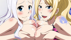 Rule 34 | 1boy, 2girls, bikini, bikini top only, blonde hair, blue eyes, blush, breast press, breasts, breasts squeezed together, censored, cooperative paizuri, cum, cum on body, cum on breasts, cum on upper body, disembodied penis, earrings, facial, fairy tail, ffm threesome, group sex, highres, jenny realight, jewelry, large breasts, long hair, looking at viewer, mirajane strauss, mosaic censoring, multiple girls, nipples, open mouth, paizuri, penis, ponytail, simple background, smile, swimsuit, tattoo, teamwork, threesome, white hair
