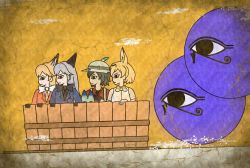Rule 34 | 10s, 4girls, animal ears, backpack, bag, bare shoulders, black bow, black bowtie, black eyes, black gloves, black hair, black shirt, blazer, blonde hair, bow, bowtie, breast pocket, brown eyes, brown footwear, bucket hat, cellien (kemono friends), closed mouth, commentary request, crack, egyptian art, elbow gloves, eye of horus, ezo red fox (kemono friends), fox ears, from side, gloves, hat, hat feather, high-waist skirt, highres, jacket, kaban (kemono friends), kemono friends, kita (7kita), long hair, lucky beast (kemono friends), multiple girls, necktie, pocket, profile, red shirt, serval (kemono friends), serval print, serval tail, shirt, shoes, short hair, short sleeves, shorts, silver fox (kemono friends), silver hair, single eye, sitting, skirt, sleeveless, sleeveless shirt, striped tail, tail, tub, white bow, white bowtie, white footwear, white shirt, white shorts, yellow background, yellow necktie