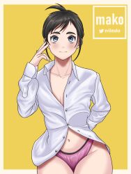 Rule 34 | 1girl, arm behind back, black hair, blue eyes, breasts, closed mouth, collarbone, commentary, english commentary, h3cn0, highres, kimi wa houkago insomnia, long sleeves, looking at viewer, magari isaki, navel, panties, pink panties, shirt, short hair, small breasts, solo, standing, twitter username, underwear, white shirt, yellow background