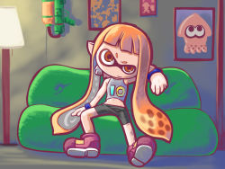 Rule 34 | 1girl, couch, domino mask, female focus, green upholstery, highres, inkling player character, long hair, mask, matching hair/eyes, midriff, navel, nintendo, orange eyes, orange hair, shorts, sitting, smile, solo, splatoon (series), tentacle hair, twintails, wristband