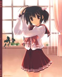 Rule 34 | 1girl, absurdres, ahoge, bow, closed mouth, curtains, hairdressing, highres, indoors, mitsumi misato, plant, pot, school uniform, serafuku, short hair, skirt, solo, to heart (series), to heart 2, twintails, window, yuzuhara konomi
