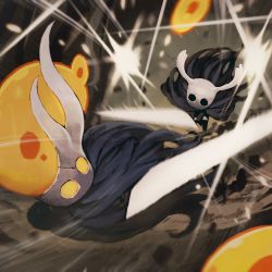 Rule 34 | broken vessel (hollow knight), cape, fighting, highres, hollow knight, jun (navigavi), knight (hollow knight), mask, no humans, sword, weapon