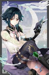 Rule 34 | 1boy, absurdres, arm tattoo, armor, asymmetrical clothes, bad id, bad pixiv id, bead necklace, beads, black hair, closed mouth, genshin impact, gloves, green hair, highres, huge filesize, jewelry, looking at viewer, male focus, multicolored hair, multiple tails, necklace, shoulder armor, solo, tail, tassel, tattoo, two tails, usako (usako1031), vision (genshin impact), xiao (genshin impact), yellow eyes