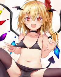 Rule 34 | 1girl, ahoge, alternate costume, bare shoulders, bat wings, black bow, black bra, black panties, black thighhighs, blonde hair, blush, bow, bra, collarbone, crystal, efe, eyes visible through hair, fang, flandre scarlet, flat chest, hair between eyes, hair ribbon, hands up, head wings, heart, highres, jewelry, laevatein (tail), looking at viewer, multicolored wings, navel, no headwear, one side up, open mouth, panties, red eyes, red ribbon, revision, ribbon, short hair, simple background, sitting, smile, solo, spread legs, tail, thighhighs, touhou, underwear, v, white background, wings