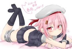 Rule 34 | 10s, hair ornament, hairclip, harusame (kancolle), hat, jewelry, kantai collection, lying, okiraku nikku, on stomach, pink hair, red eyes, ring, skirt, socks, tagme, the pose