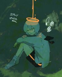 Rule 34 | 1boy, angel, angel wings, black shorts, black wings, blue hair, closed mouth, dated, detached wings, full body, green background, hair between eyes, halo, knees up, kojima midoriko, long sleeves, looking at viewer, male focus, no shoes, original, short hair, shorts, signature, sitting, socks, solo, sweater, white socks, wings