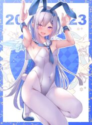 Rule 34 | 1girl, 2023, :d, amane kanata, animal ears, argyle, argyle background, argyle clothes, arms up, blue hairband, blush, chinese zodiac, commentary request, covered navel, floral background, full body, grey hair, groin, hair between eyes, hair ornament, hairband, hairclip, highres, hololive, leotard, long hair, looking at viewer, open mouth, pantyhose, playboy bunny, purple eyes, rabbit ears, shoes, smile, solo, strapless, strapless leotard, very long hair, virtual youtuber, white footwear, white leotard, white pantyhose, year of the rabbit, yoshiheihe
