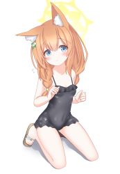 Rule 34 | 1girl, animal ear fluff, animal ears, black one-piece swimsuit, blonde hair, blue archive, blue eyes, blush, braid, breasts, casual one-piece swimsuit, cat ears, cat girl, covered navel, feet, flower, frilled one-piece swimsuit, frills, hair flower, hair ornament, highres, langley1000, long hair, looking at viewer, mari (blue archive), mari (swimsuit) (blue archive), no tail, one-piece swimsuit, sandals, simple background, sitting, small breasts, smile, solo, swimsuit, thighs, toes, twin braids, twintails, white background