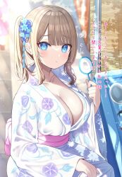 Rule 34 | 1girl, blue eyes, blunt bangs, blurry, blurry background, blush, breasts, brown hair, cleavage, closed mouth, collarbone, floral print, flower, hair flower, hair ornament, highres, japanese clothes, kimono, large breasts, looking at viewer, mizukoshi (marumi), obi, original, poi (goldfish scoop), pout, sash, side ponytail, sidelocks, solo, squatting, squiggle, summer festival, translation request, wide sleeves
