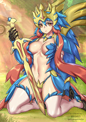 Rule 34 | 1girl, artist name, blue hair, breasts, cleavage, commentary, creatures (company), crown, game freak, gauntlets, gen 8 pokemon, giovanni zaccaria, holding, holding sword, holding weapon, kneeling, large breasts, legendary pokemon, long hair, looking at viewer, navel, nintendo, orange eyes, outdoors, personification, pokemon, revealing clothes, scales, stomach, sword, tagme, thighhighs, v-shaped eyebrows, very long hair, watermark, weapon, web address, white thighhighs, zacian, zacian (crowned)
