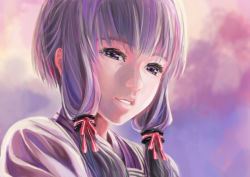 Rule 34 | 1girl, abs (ebisuzc94rghw), blunt bangs, bow, close-up, cloud, cloudy sky, hair ornament, hair tubes, japanese clothes, kimono, looking at viewer, parted lips, pink eyes, pink sky, purple hair, red ribbon, ribbon, shadow, short hair with long locks, sidelocks, sky, solo, teeth, vocaloid, voiceroid, yuzuki yukari