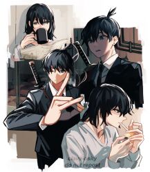 Rule 34 | 1boy, artist name, black hair, black jacket, black necktie, black pants, chainsaw man, cigarette, claireiosity, collared shirt, cup, drinking, earrings, fire, formal, fox shadow puppet, grey shirt, gun sling, hair down, hayakawa aki, highres, holding, holding cup, holding newspaper, jacket, jewelry, katana, lighting cigarette, necktie, newspaper, one eye closed, pants, shirt, shirt tucked in, short hair, smoking, stud earrings, suit, suit jacket, sword, topknot, weapon, weapon on back, white shirt