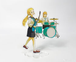Rule 34 | :d, absurdres, acrylic stand, aqua neckerchief, aqua necktie, black sailor collar, black skirt, blonde hair, bo oj0916, braid, brown footwear, chinese commentary, closed mouth, collared shirt, crown braid, cymbals, drum, drumsticks, electric guitar, guitar, hi-hat, highres, holding, holding drumsticks, instrument, link, loafers, long hair, long sleeves, looking at another, medium hair, music, neckerchief, necktie, nintendo, open mouth, photo (medium), playing instrument, pleated skirt, pointy ears, ponytail, princess zelda, sailor collar, school uniform, serafuku, shirt, shoes, sitting, skirt, smile, standing, teeth, the legend of zelda, the legend of zelda: tears of the kingdom, upper teeth only, weibo logo, weibo username, white background, white serafuku, white shirt