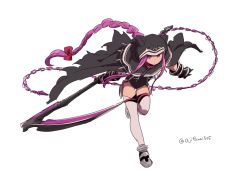 Rule 34 | 1girl, asaya minoru, black cape, black leotard, bow, braid, cape, chain, closed mouth, fate/grand order, fate (series), full body, gauntlets, grey footwear, hair bow, holding, holding scythe, hood, hood up, hooded cape, leaning forward, leotard, long hair, looking at viewer, medusa (fate), medusa (lancer) (fate), medusa (rider) (fate), pink eyes, pink hair, red bow, rider, scythe, sidelocks, single braid, solo, standing, standing on one leg, thighhighs, twitter username, very long hair, white thighhighs