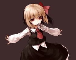 Rule 34 | 1girl, ascot, blonde hair, bow, brown background, embodiment of scarlet devil, female focus, hair bow, hair ribbon, junwool, mouth hold, necktie, outstretched arms, red eyes, ribbon, rumia, simple background, solo, spoon, spread arms, touhou