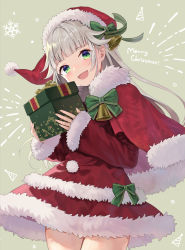 Rule 34 | 1girl, :d, asahi yuuji, bell, blush, bow, box, capelet, christmas, commentary request, dress, fur-trimmed capelet, fur-trimmed dress, fur-trimmed headwear, fur-trimmed sleeves, fur trim, gift, gift box, green bow, green eyes, grey background, grey hair, hat, head tilt, highres, holding, holding gift, indie virtual youtuber, long hair, long sleeves, looking at viewer, merry christmas, open mouth, red capelet, red dress, red hat, santa costume, santa hat, shigure mito, sleeves past wrists, smile, solo, standing, striped, striped bow, virtual youtuber