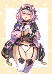 Rule 34 | 1girl, :d, animal ears, arknights, belt, black coat, black hairband, black skirt, blush, border, bow, bow panties, braid, cat ears, closed eyes, clothes lift, coat, cropped legs, flying sweatdrops, garter straps, goldenglow (arknights), hairband, kara (color), lifting own clothes, lightning bolt print, long hair, multicolored coat, navel, open clothes, open coat, open mouth, outside border, panties, pink coat, pink hair, red bow, shirt, simple background, single braid, skirt, skirt lift, smile, solo, thick thighs, thigh gap, thighhighs, thighs, two-tone coat, underwear, white background, white panties, white shirt, white thighhighs, wide hips, yellow border