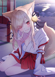 Rule 34 | 1girl, animal ear fluff, animal ears, artist name, bare shoulders, bell, black ribbon, blurry, blurry background, bow, breasts, cleavage, collarbone, commentary request, depth of field, eyes visible through hair, fox ears, fox girl, fox shadow puppet, fox tail, hair bell, hair ornament, hair over one eye, hair ribbon, highres, indoors, japanese clothes, jingle bell, kimono, light brown hair, medium breasts, miko, minamoto mamechichi, nail polish, off shoulder, original, pink nails, pleated skirt, pond, red bow, red eyes, red skirt, ribbon, skirt, solo, tail, water, white kimono
