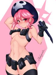 Rule 34 | 1girl, absurdres, arm up, bare shoulders, black gloves, black hat, black thighhighs, blush, breasts, cowboy shot, female focus, gloves, hat, headwear request, highres, holding, holding knife, holding weapon, jakuzure nonon, kill la kill, knife, midriff, navel, nudist beach uniform, pink background, pink hair, red eyes, revealing clothes, short hair, skull print, small breasts, smile, solo, standing, thighhighs, two-tone background, underboob, weapon, white background, zealyush