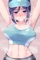Rule 34 | 1girl, beach, bike shorts, blue cap, blue hair, blue scrunchie, bottle, breasts, cleavage, collarbone, crop top, dark blue hair, grass, heart, heart-shaped pupils, high ponytail, highres, jacket, looking at viewer, love live!, love live! school idol festival, love live! sunshine!!, matsuura kanan, medium breasts, off shoulder, open clothes, open jacket, open mouth, outdoors, palm tree, purple eyes, scrunchie, skindentation, solo, sports bra, sunlight, sweat, symbol-shaped pupils, tree, visor cap, water bottle, white jacket