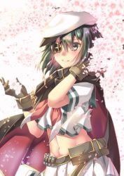 Rule 34 | 1girl, ammunition, bad id, bad pixiv id, belt, belt pouch, black cape, blush, brown gloves, cape, cherry blossoms, colored eyelashes, eyepatch, eyes visible through hair, flat cap, flower, gloves, green eyes, green hair, hair between eyes, hand on own shoulder, hand up, hat, holding, holding flower, kantai collection, kiso (kancolle), midriff, navel, neckerchief, one eye covered, parted lips, petals, pleated skirt, pouch, red neckerchief, school uniform, serafuku, shirt, short hair, short sleeves, signature, skirt, smile, solo, upper body, white hat, white shirt, white skirt, yuihira asu