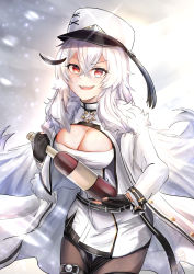 Rule 34 | 1girl, absurdres, azur lane, belt, black gloves, blush, bottle, breasts, cleavage, fur trim, gangut (azur lane), gloves, hair between eyes, hair ornament, hat, highres, jacket, large breasts, long hair, looking at viewer, military hat, mole, mole under eye, open mouth, pantyhose, red eyes, seabread, silver hair, smile, snowing, solo, very long hair, wine bottle